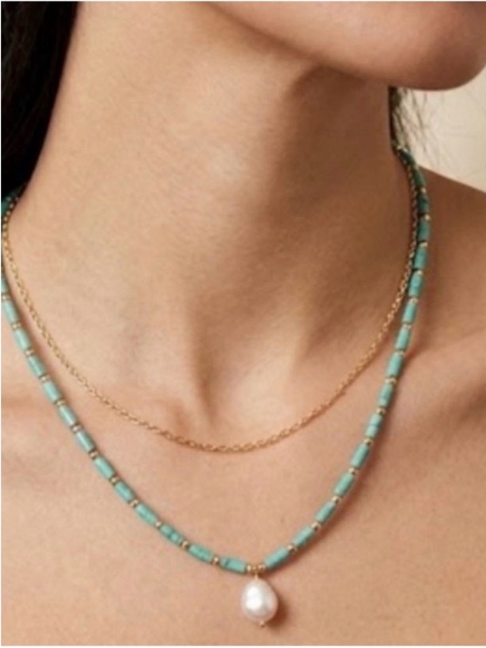 Plunder Gold and Turquoise Bead Necklace with Pearl Charm